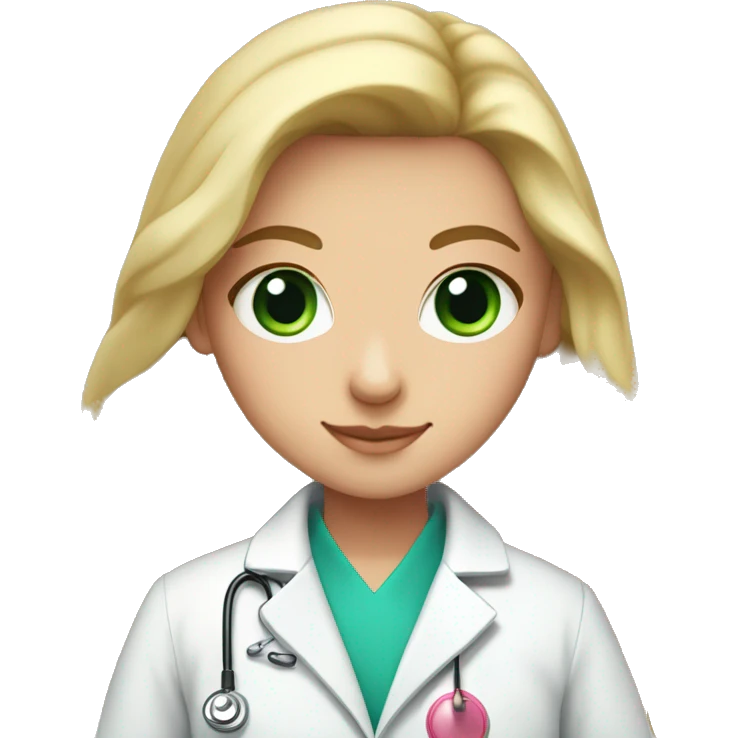 Long haired Blonde girl with green-blue-grey eyes wearing a pink shirt Underneath a whitecoat being  a doctor emoji