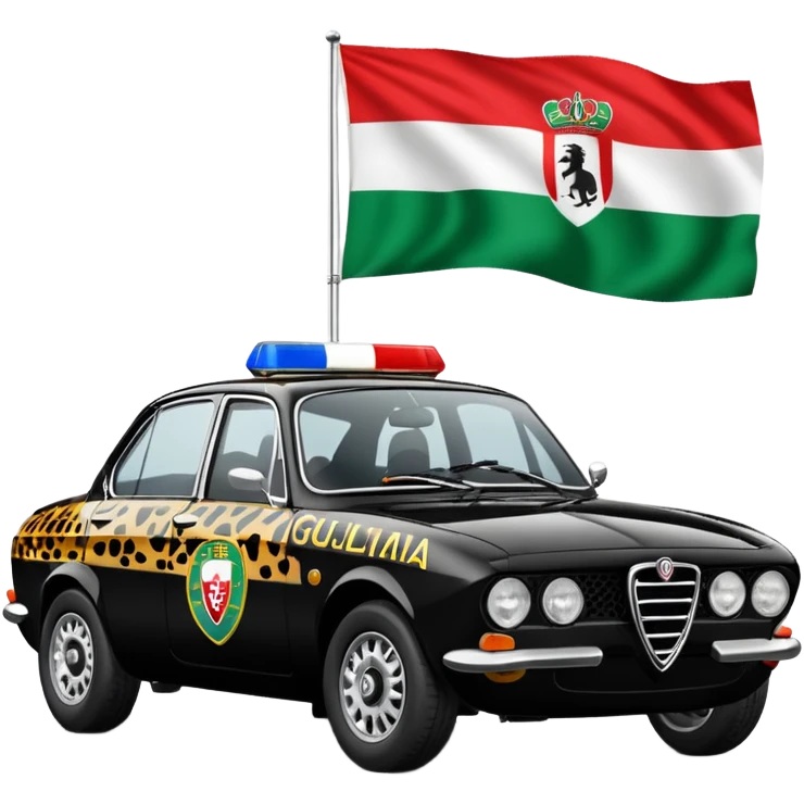 crea auto di servzio alfa romeo giulia colore nero con la scritta sul lato polizia penitenziaria e la un leopardo e la bandiera italiana emoji