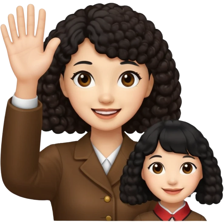 Brown poodle with Asia girl waving left hand emoji