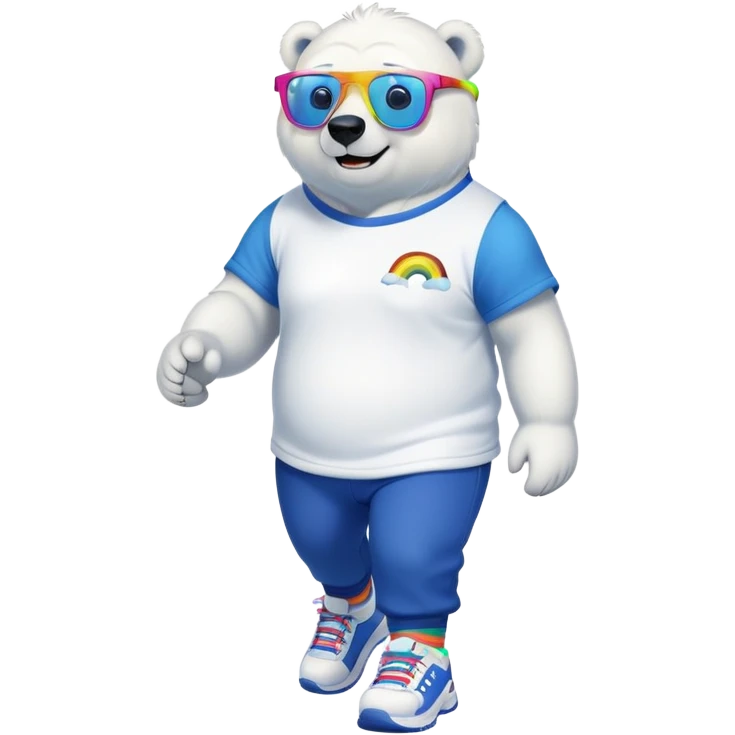 muscular friendly anthropomorphised polar bear walking confidently, wearing a royal blue t-shirt, black pants, white trainers, and oversized rainbow glasses emoji