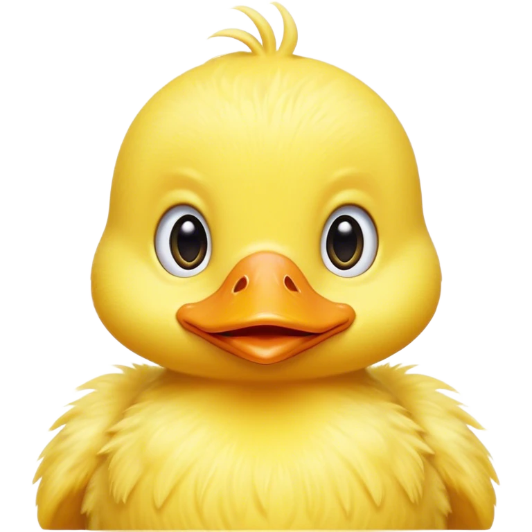 Cinematic Comical Yellow Baby Duck Portrait Emoji, Head tilted dramatically with an exaggeratedly amused expression, featuring a striking, fluffy yellow downy coat with a tiny quirky beak, wide, expressive eyes filled with playful disbelief, Simplified yet hilariously expressive features, highly detailed, glowing with a slightly sassy glow, high shine, dramatic yet playful, stylized with an air of cheeky mischief, bright and endearing, soft glowing outline, capturing the essence of a spirited and over-the-top duckling, so meme-worthy it feels like it could peep its way into internet fame instantly! emoji