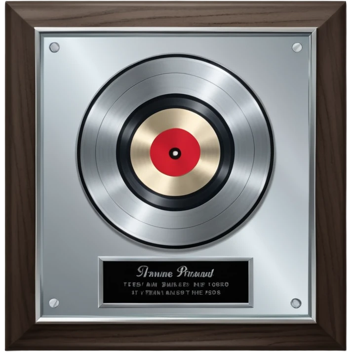 A platinum music award plaque: a square, polished platinum plate with a subtly textured, mirror-like finish, mounted on a simple dark wood base. The center features a relief of a or stylized vinyl record in a slightly darker metallic tone.  emoji
