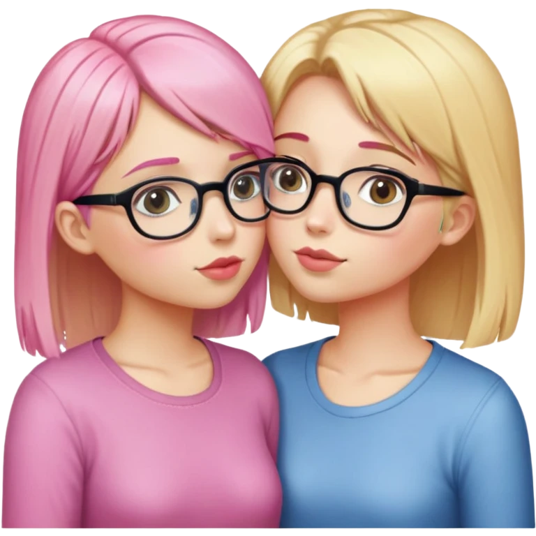 two girls kissing, the girl on the right is shorter, she is blonde and has glasses, the girl on the left is a little taller, with pink hair, no glasses emoji