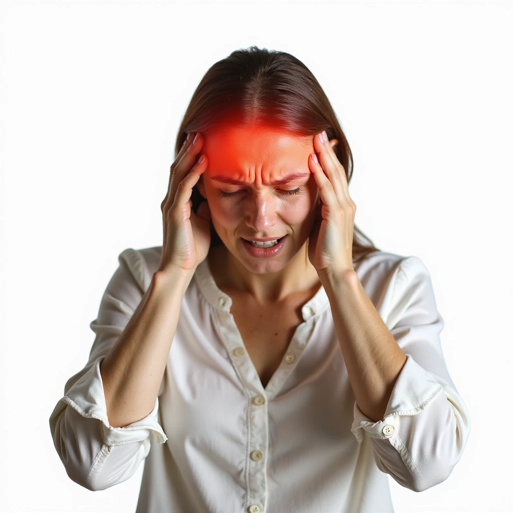 front view of a woman, hands pressing temples, head area highlighted in red, intense pain expression, realistic style, white background emoji