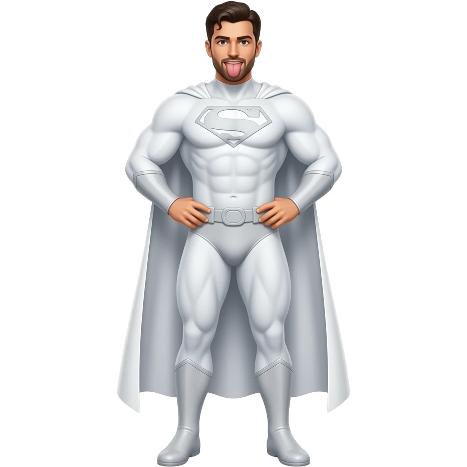 Sexy arab muscle man in full body white superhero costume with tongue out emoji