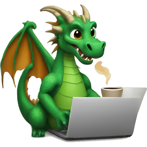 dragon on a laptop, wearing a hump day shirt, with a cup of coffee in hand emoji
