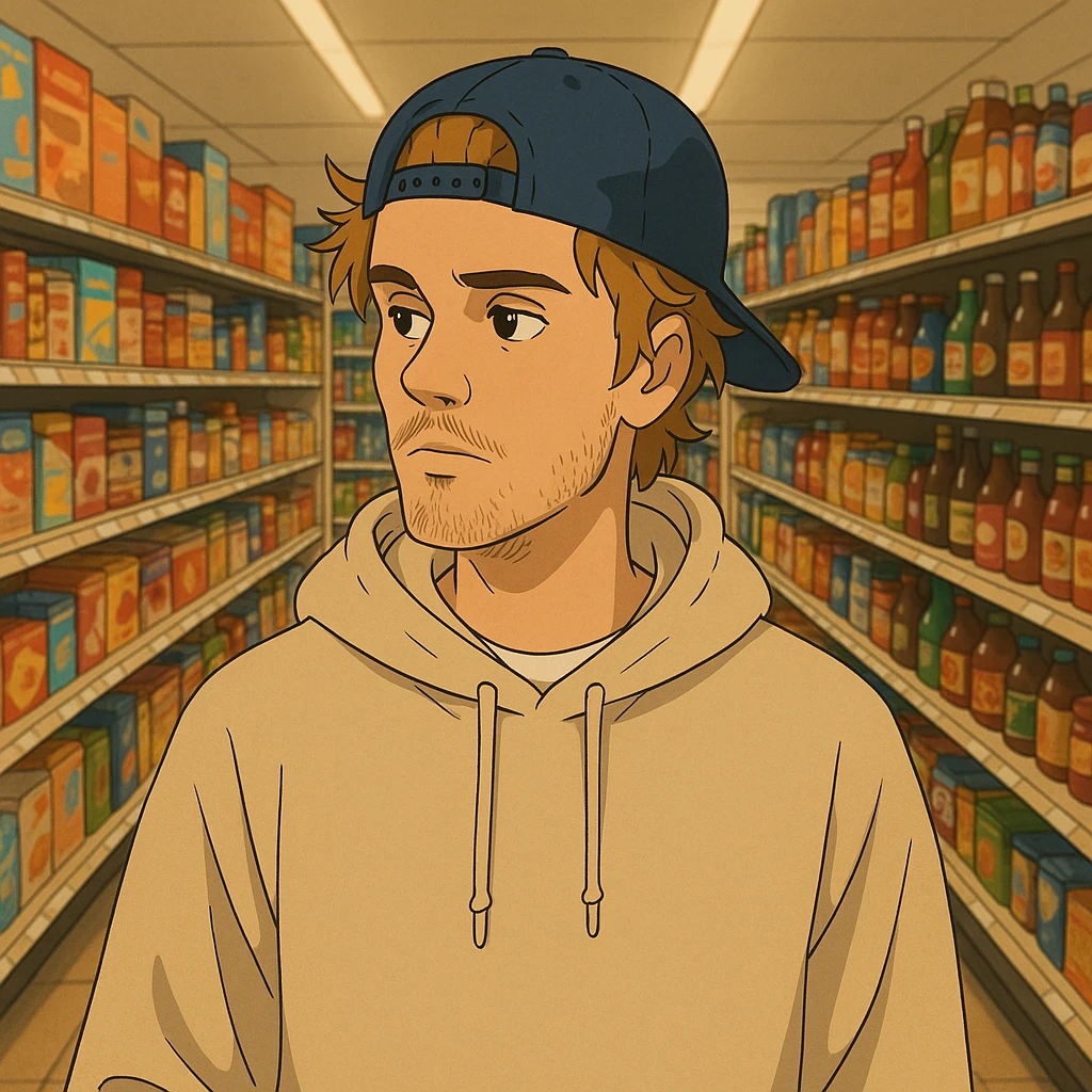 Justin Bieber in a supermarket aisle, casual clothes, ghibli style emoji