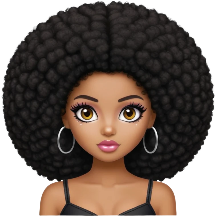 pretty bratz girl, dark black big afro, dark brown eyes, y2k fashion, black eye v liner, dark skin emoji