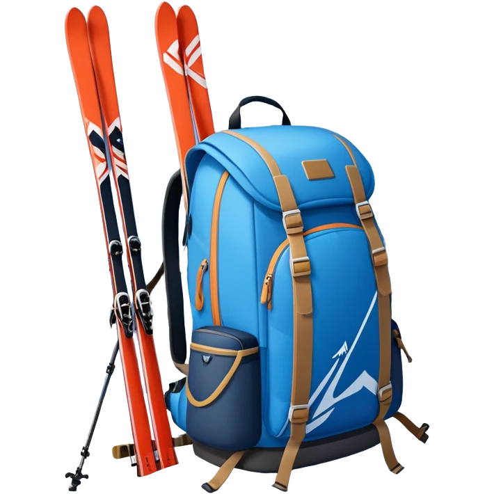 An icon showing a close-up of a biathlon backpack, a pair of skis, and a biathlon rifle resting against snow. In the background, a beautiful winter landscape with snowy trees and mountains under a clear sky. Transparent background reflects the sport’s precision and rugged endurance. emoji