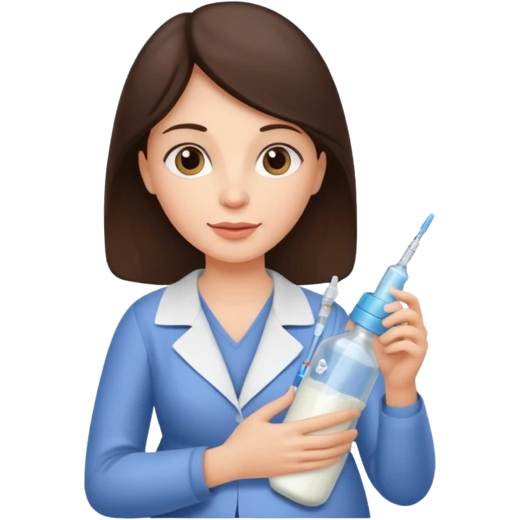 Brunette Mother holding a baby bottle with milk and a vaccine syringe emoji