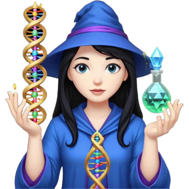 Female wizard with black hair holding a double helix DNA one hand and a methyl group in the other emoji