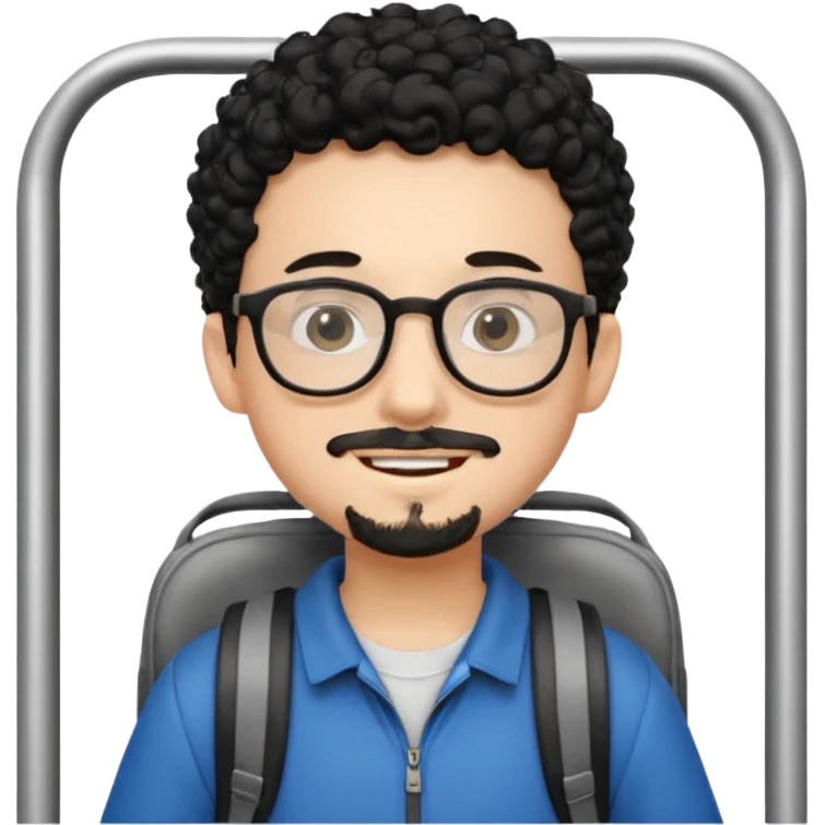A young boy DEVELOPER WITH A backpack, black curly short hair, wearing glasses, a thin goatee, his skin is white, riding a bus emoji