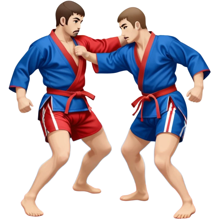 Two Sambo fighters in blue and red kimonos, with shorts and wrestling shoes, performing grappling and throwing techniques. The background shows a wrestling mat and an intense, focused atmosphere. Transparent background highlights the fluidity and skill of the sport without strikes. emoji