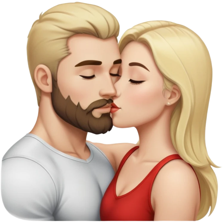 Brunette woman kissing white muscular man with blonde hair and a beard emoji