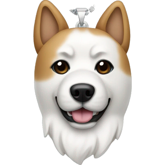 Dog akita, a necklace in the shape of a bone with Rocky written on it emoji