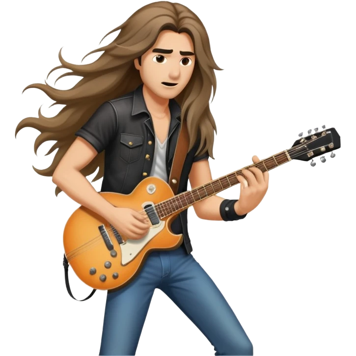 Super strong rockstar on the guitar while being shined on by a massive spotlight with his hair blowing and a cool aura emoji