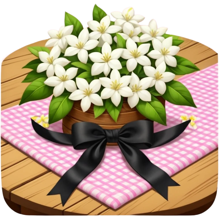 A lush bouquet of white color Jasmin black satin ribbon, resting on an antique wooden table, with a pale yellow and pink plaid pattern table cloth emoji