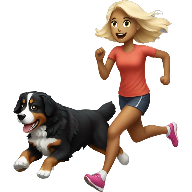 Blonde girl running after Bernese mountain dog emoji