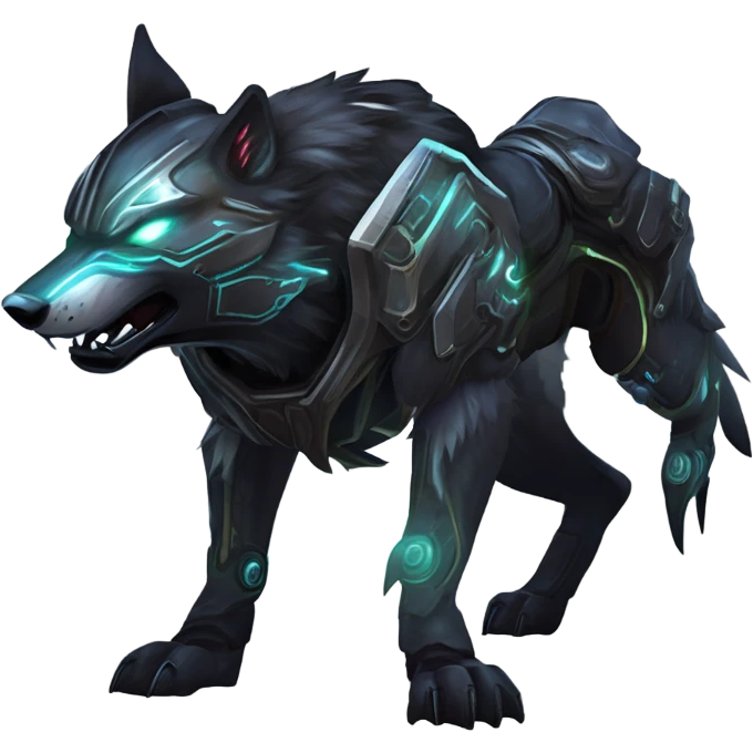 Warframe-inspired wolf Warframe with sleek biomechanical armor, a snarling wolf-like helmet, glowing eyes, and clawed gauntlets. Dark metallic colors with glowing energy lines, blending feral agility and deadly stealth. emoji