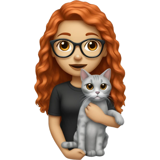 A long hair red headed girl with light skin, black glasses, a nose ring, holding an all grey cat  emoji