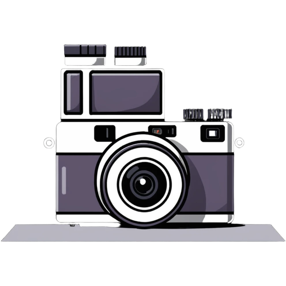 Film photography setup with camera, film rolls, and developed photos emoji
