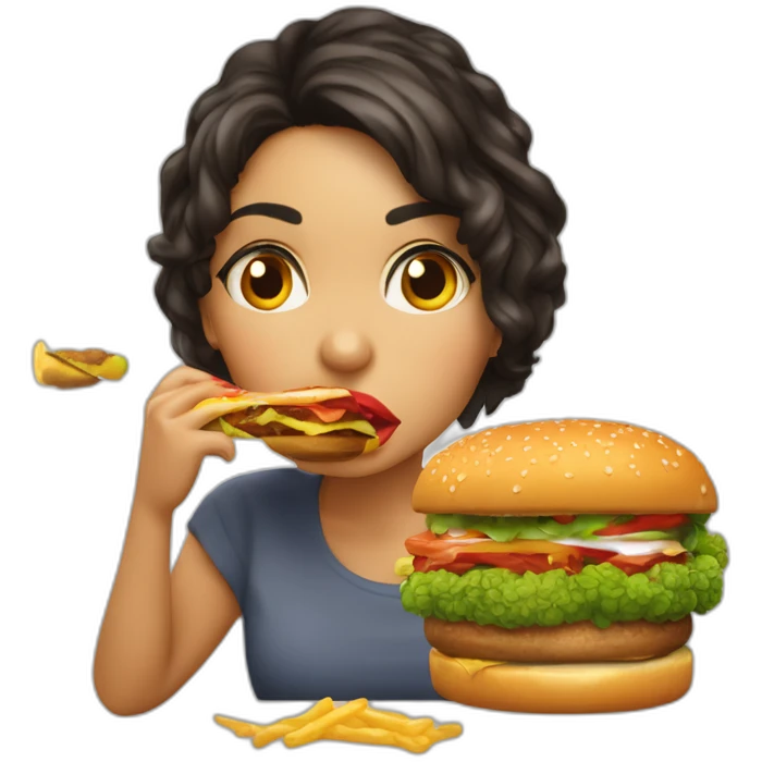 Chica morena y labios rojos comiendo amburguesa no le gusta el brócoli emoji