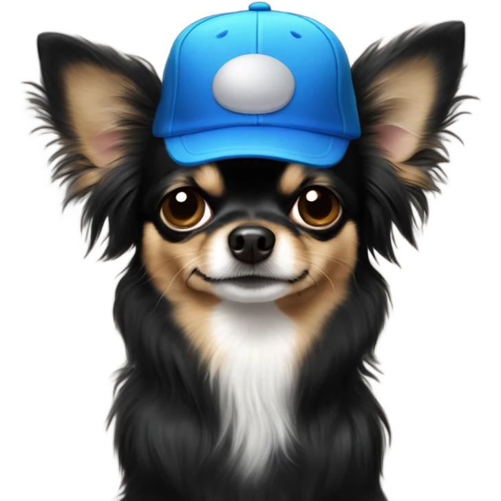 cute all black long haired Chihuahua held by old blue eyes man with goatee and ball cap emoji