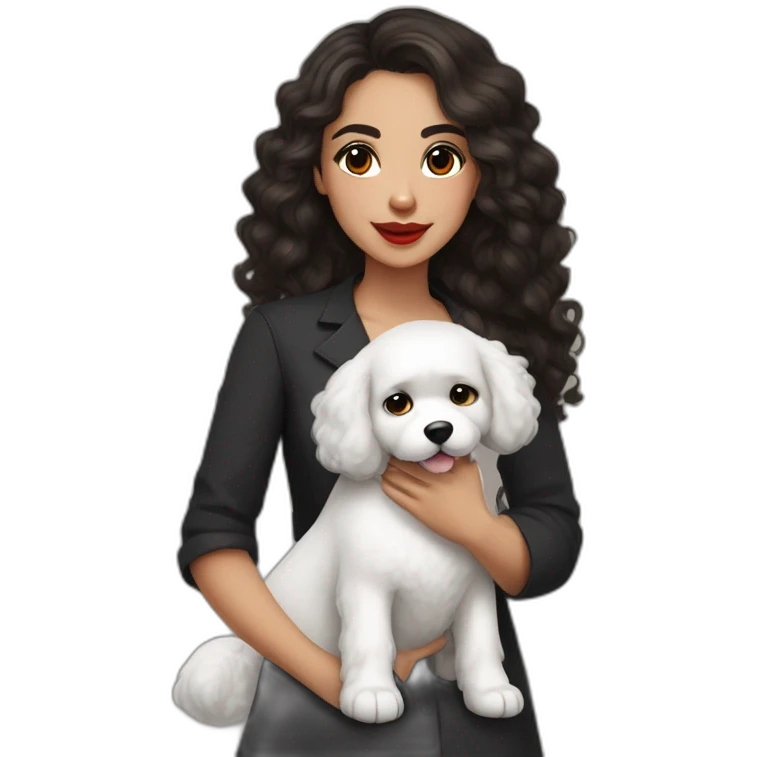 young moroccan woman with dark brown eyes, dark long curling hair, red lips, a black dress, a stethoscope around the neck and a white cotton of tulear dog named Fidji on her lap emoji