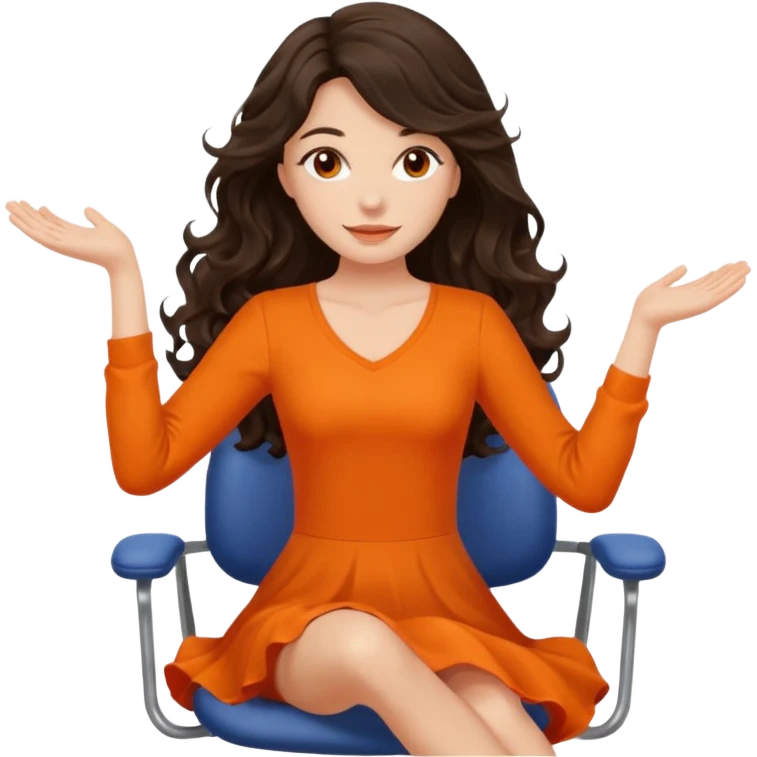 Long dark wavy hair women in orange top  twirling around a chair  emoji
