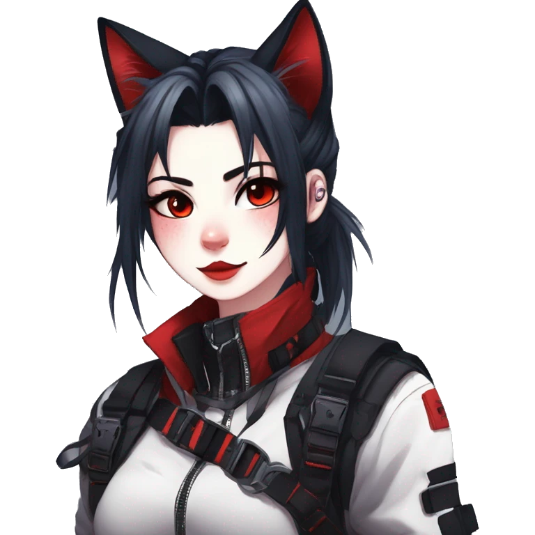 Gorgeous gothic dark techwear anime style anthro cat furry sona with blushing face aesthetic and pretty edgy black red punk messy ponytail hair with collar and harness trending style emoji
