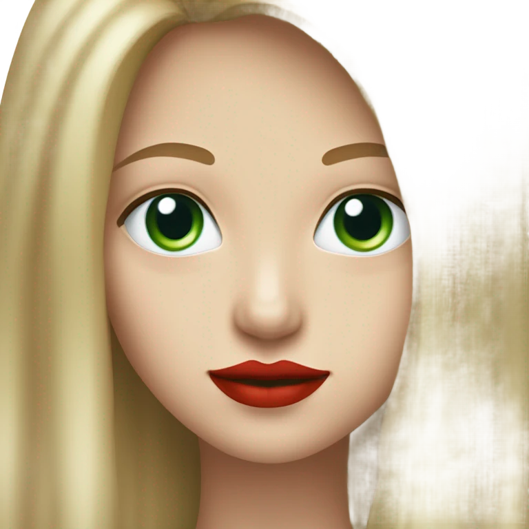 straight long curred hair, tomato red lipstick, blue-green bright eyes, white skin and a very small sharp nose emoji