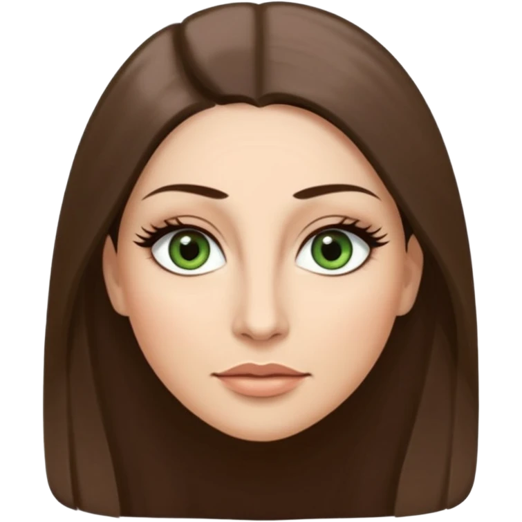43. year old Adult woman avatar, light skin tone, long, oval face, long straight ashy brown hair, green almond-shaped eyes with dramatic eyelashes and minimal eyeliner, neutral mouth, medium straight eyebrows, small nose, smooth skin emoji