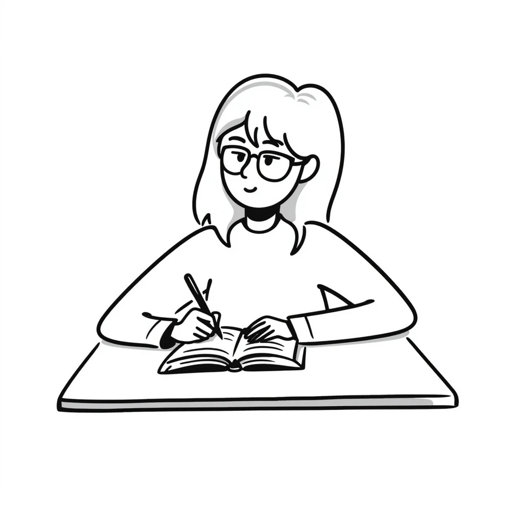 blonde woman wearing glasses, writing in a notebook emoji