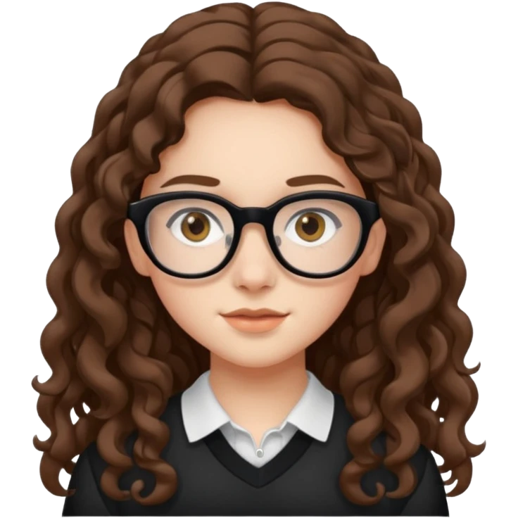 white teen girl with long brown curls, hazel eyes, and black frame glasses emoji