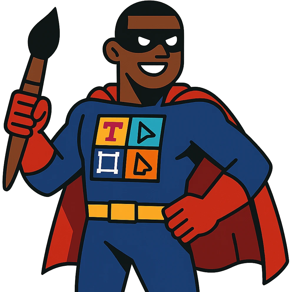 superhero character named Icon with a graphic designer theme emoji