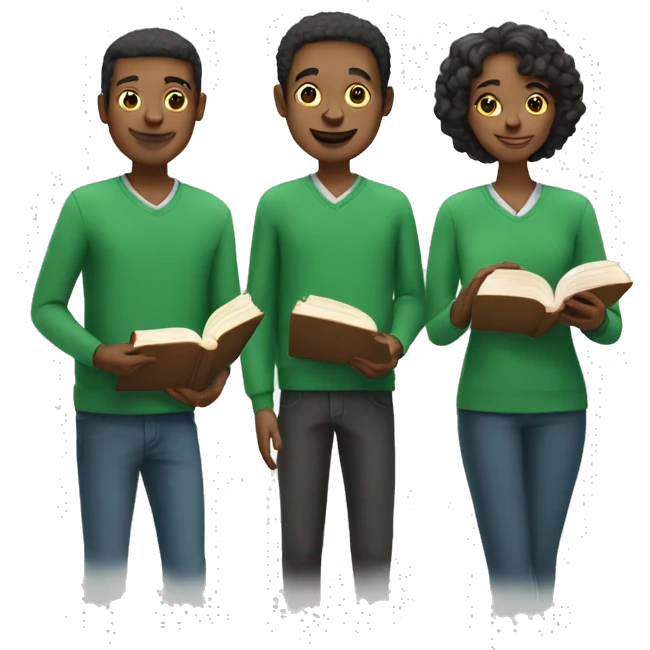 three people in green clothes holding books emoji