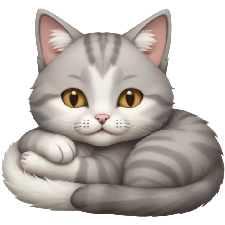 grey and white small cat with its eyes closed lying down with its paw holding up his head emoji