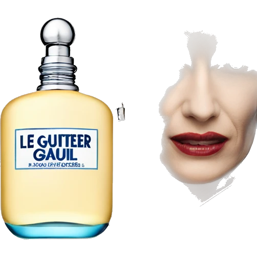 Jean Paul Gaultier Le Male eau de toilette fragrance bottle being held by a blonde woman in a suit emoji
