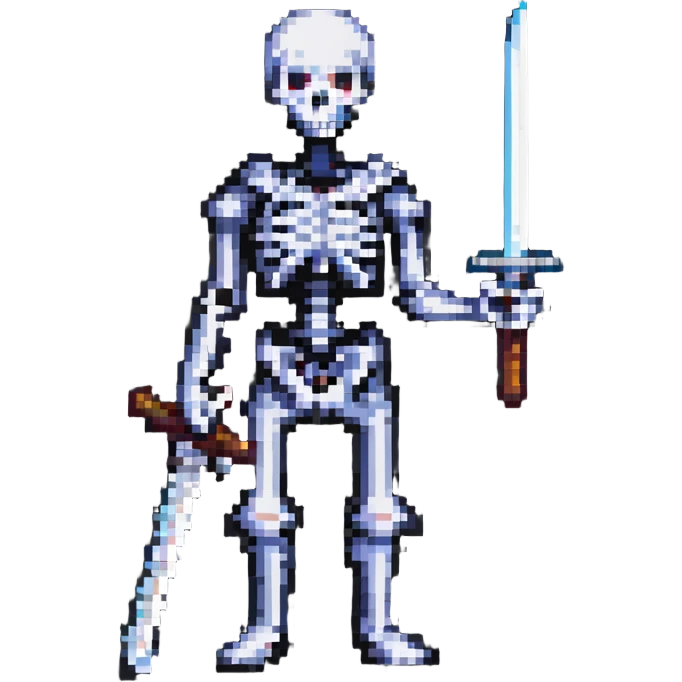 pixel art skeleton holding a sword, simple and clear design emoji