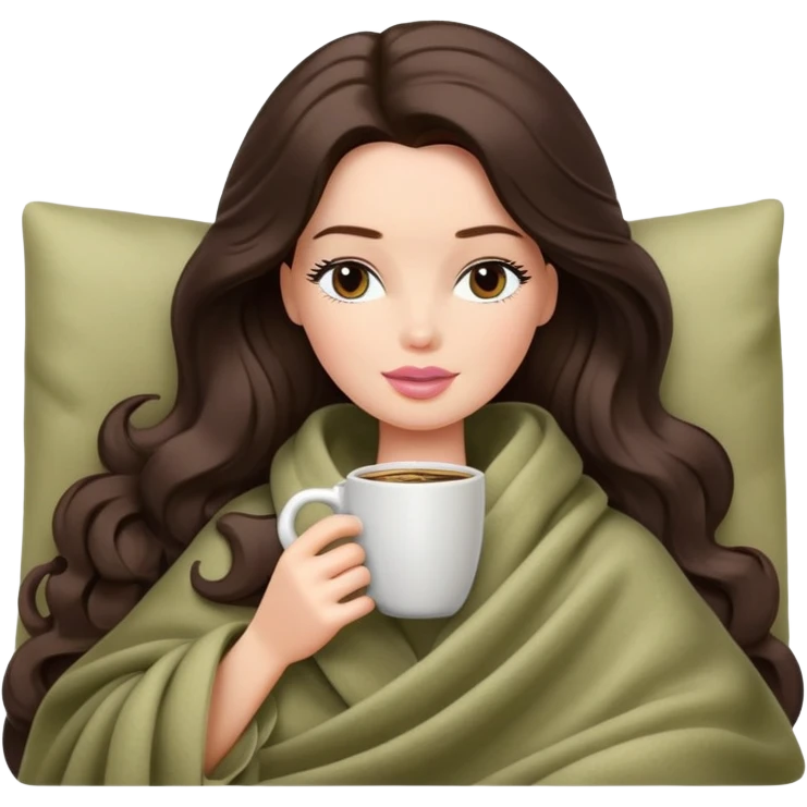 Barbie girl with a long wavy dark brown hair inside a pale olive blanket sipping coffee eyes closed emoji