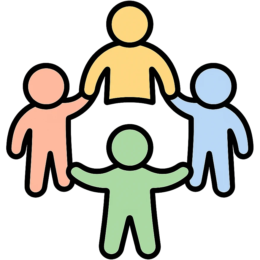 living fellowship, abstract people figures holding hands, sense of belonging, soft color palette, minimalistic emoji