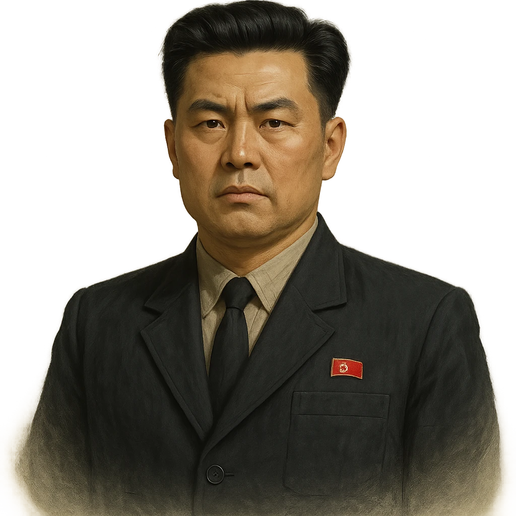 Portrait of a North Korean man, serious and stern, official portrait of a chief engineer at a shipyard, wearing formal dark clothing, neutral background, restrained style, DPRK propaganda style portrait, minimalist, masculine, confident gaze, in the style of Bufo emoji