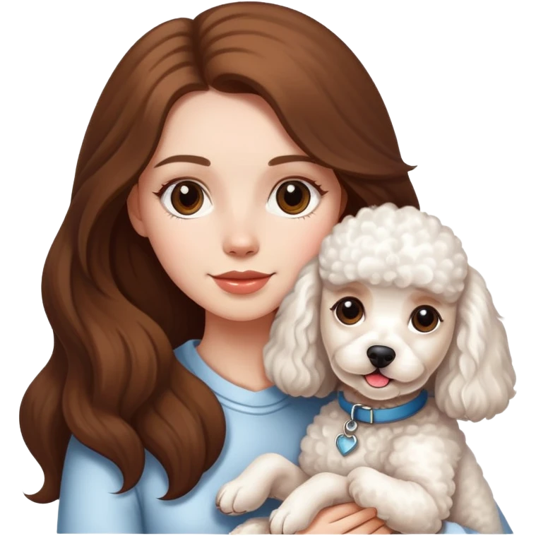 A white girl with long brown hair, she holds a cute white poddle dog emoji