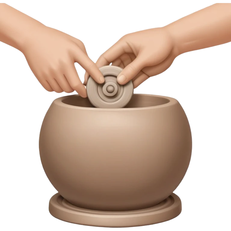 thumb pressing side of a clay ball down onto a silver pottery wheel, thumb at the bottom of the clay, pottery gesture emoji