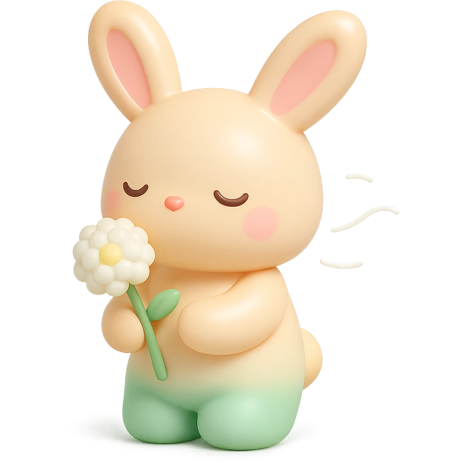 bunny holding a dandelion in the breeze, gentle spring vibe, soft pastel colors, transparent background, vinyl figure style emoji