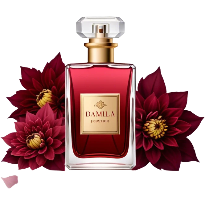 A luxurious glass perfume bottle in Soft Blush with a delicate vintage design, surrounded by a rich arrangement of Scarlet and Burgundy Dahlias, reflecting the beauty of deep red hues. emoji