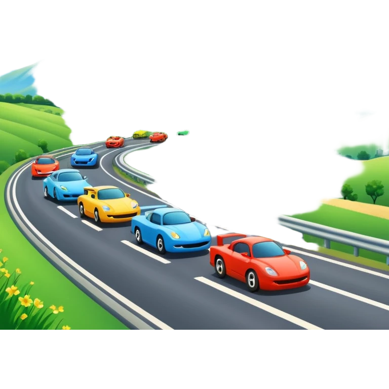A busy highway with cute fast-moving racing cars, surrounded by green fields and distant mountains under a bright blue sky emoji
