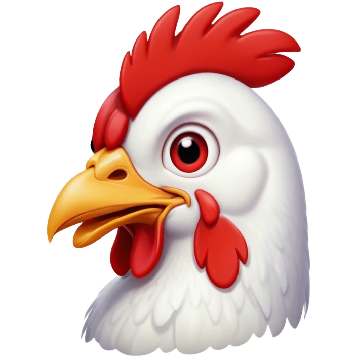 Cinematic Comical White Chicken Portrait Emoji, Head tilted dramatically with an exaggeratedly shocked or amused expression, featuring a sleek, immaculate white plumage with a prominent red comb, wide, expressive beady eyes filled with playful disbelief, Simplified yet hilariously expressive features, highly detailed, glowing with a slightly sassy glow, high shine, dramatic yet playful, stylized with an air of cheeky mischief, bright and endearing, soft glowing outline, capturing the essence of a spirited and over-the-top chicken, so meme-worthy it feels like it could cluck its way into internet fame instantly! emoji