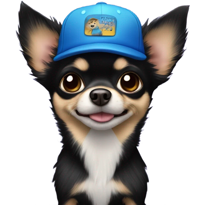 cute black long fur Chihuahua held by old blue eyes man with goatee and ball cap emoji