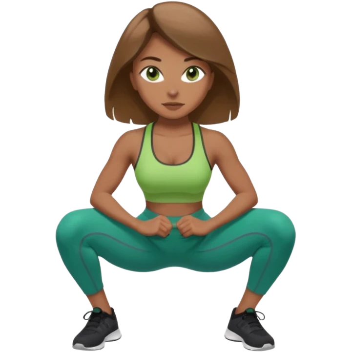 Beautiful woman with light brown shoulder length hair popping a squat without any weights. Make her with a little lighter, brown hair and green eyes emoji